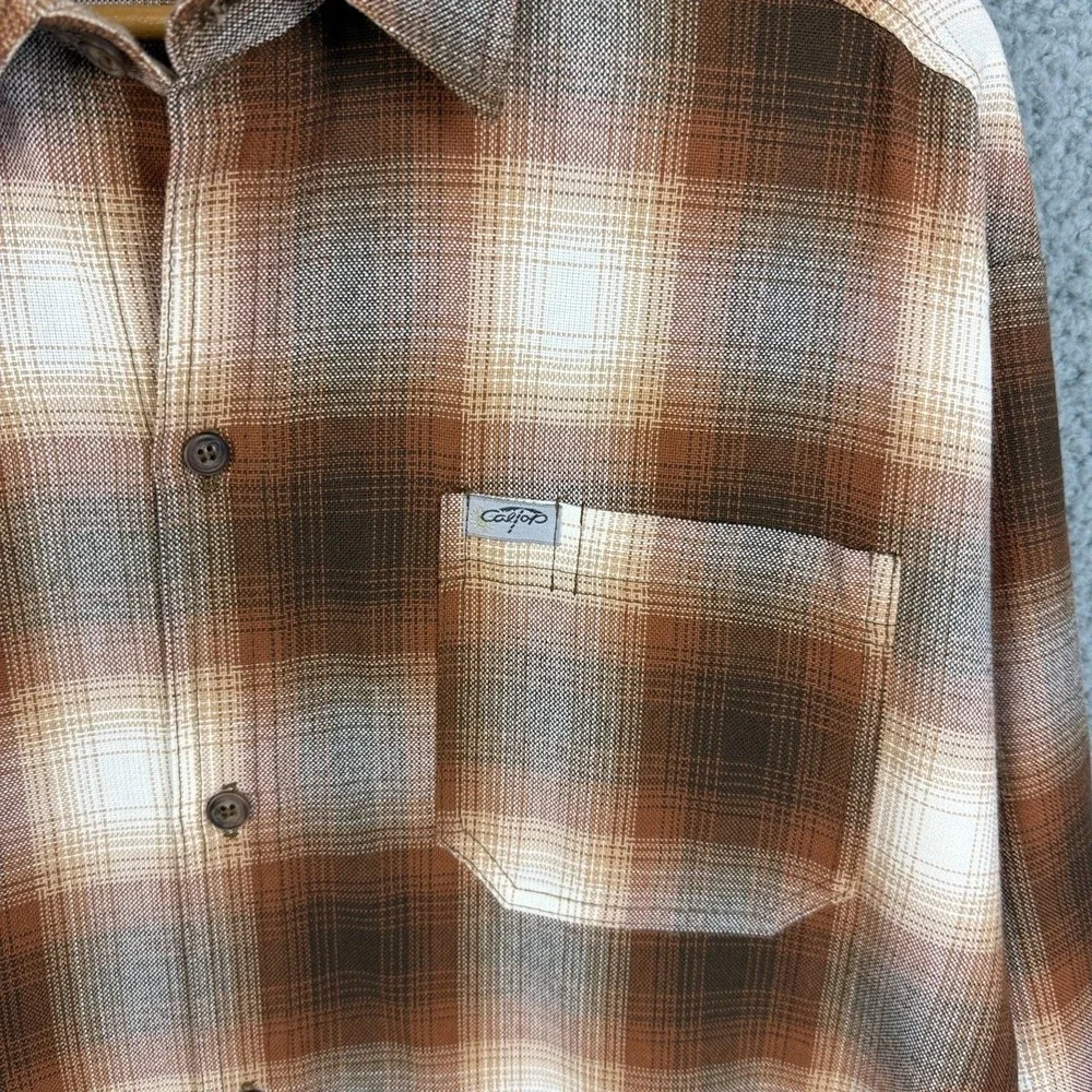 CalTop Plaid Flannel Shirt L Caramel Brown Acrylic Long Sleeve Streetwear 2000